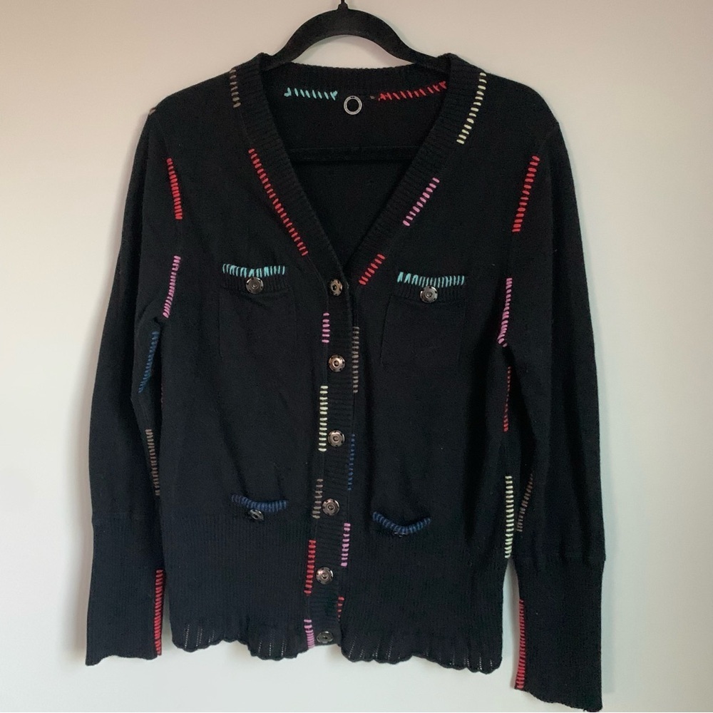 Anthropology One Girl Who Black Cardigan Sweater with Multicolor Stitching